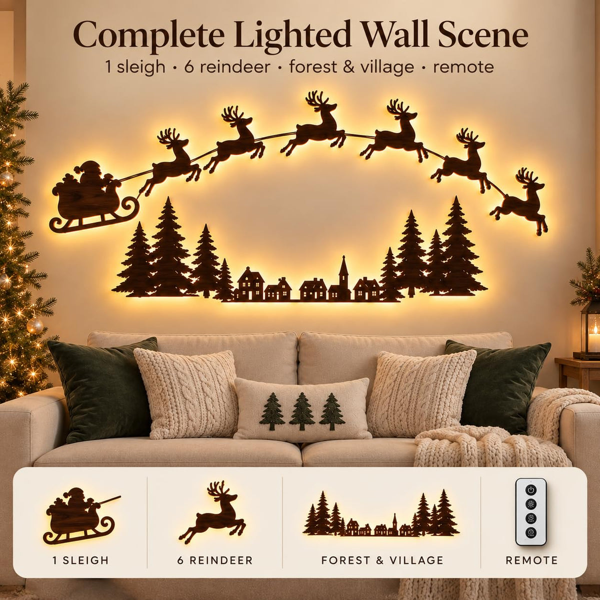 Santa’s Sleigh & Flying Reindeer Christmas Wall Lights