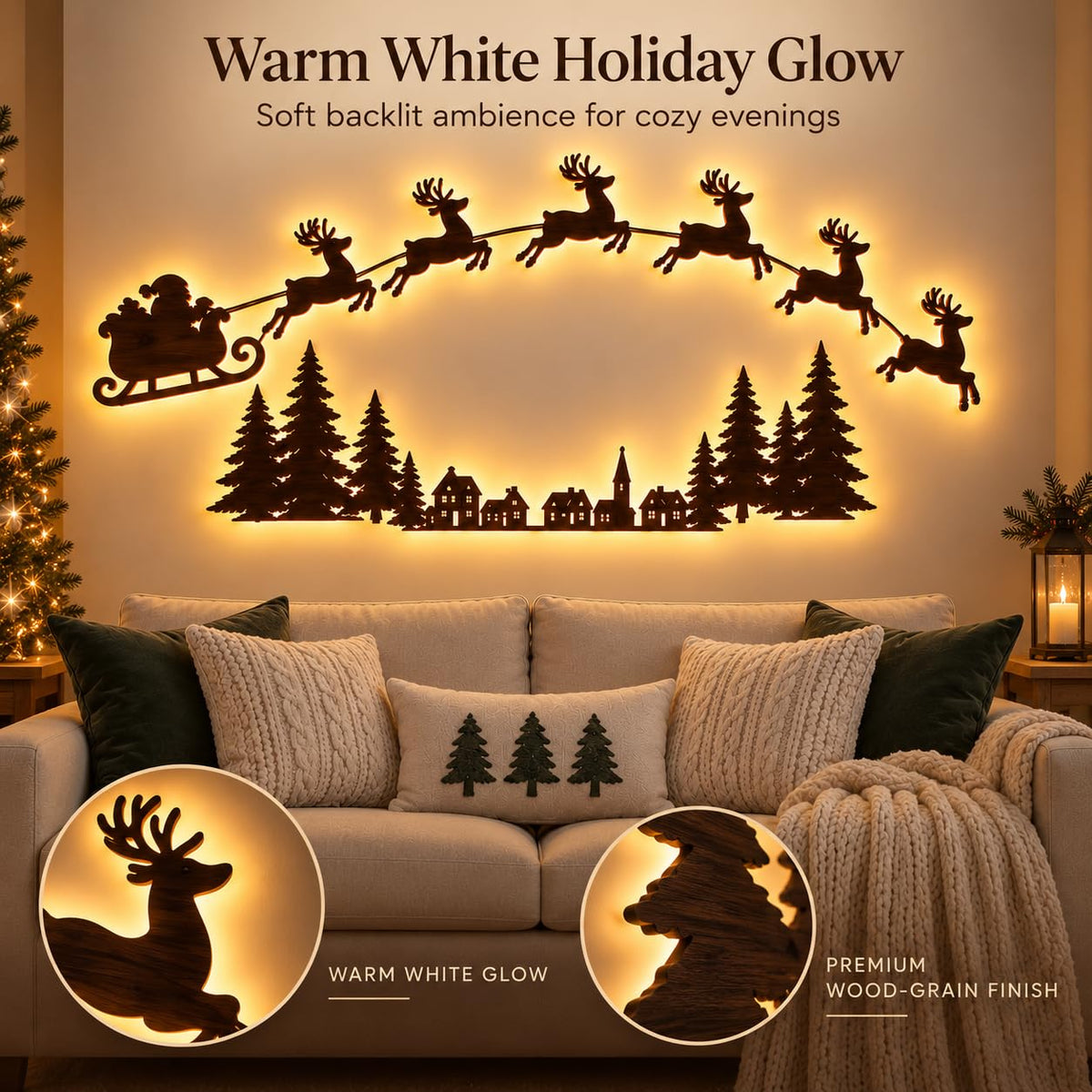 Santa’s Sleigh & Flying Reindeer Christmas Wall Lights
