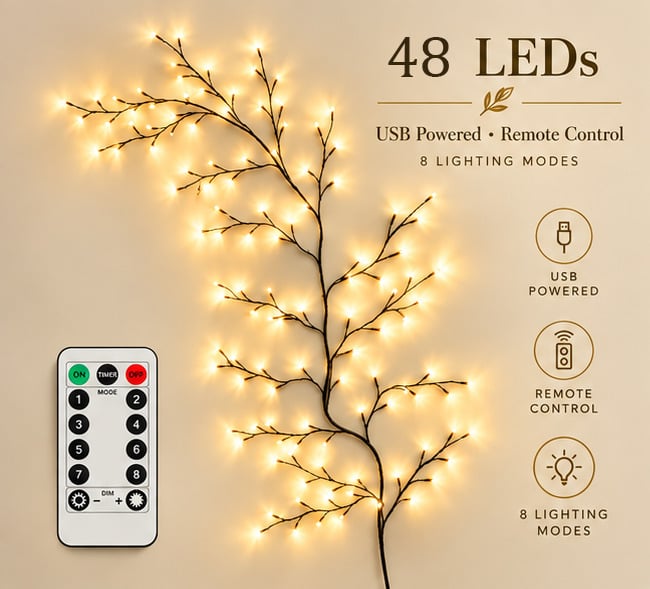 GlowBranch™ Flexible LED Branch Lights – Remote-Controlled Christmas Wall Decor