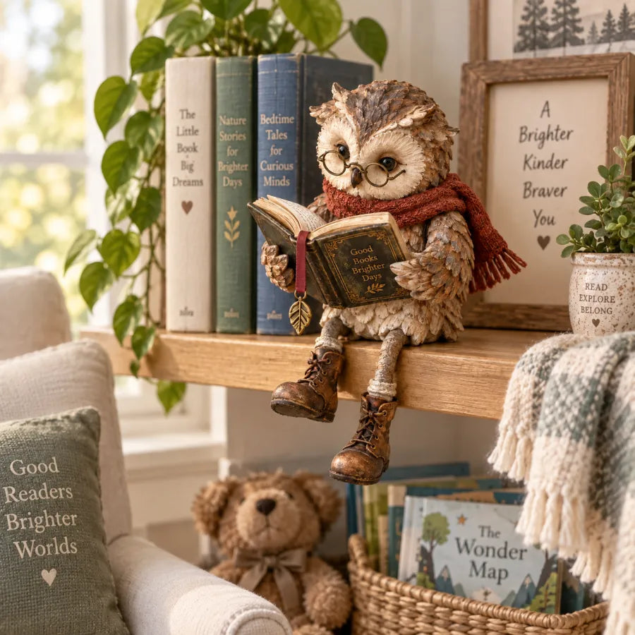 CozyChapter Owl™ – Reading Owl Figurine for Christmas & Winter Decor