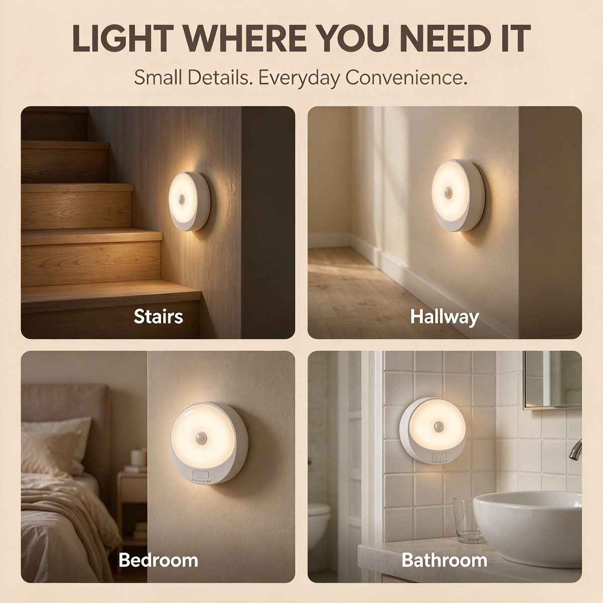 GlowPath™ Motion Sensor Night Lights – 4-Pack Rechargeable Warm Glow for Every Corner