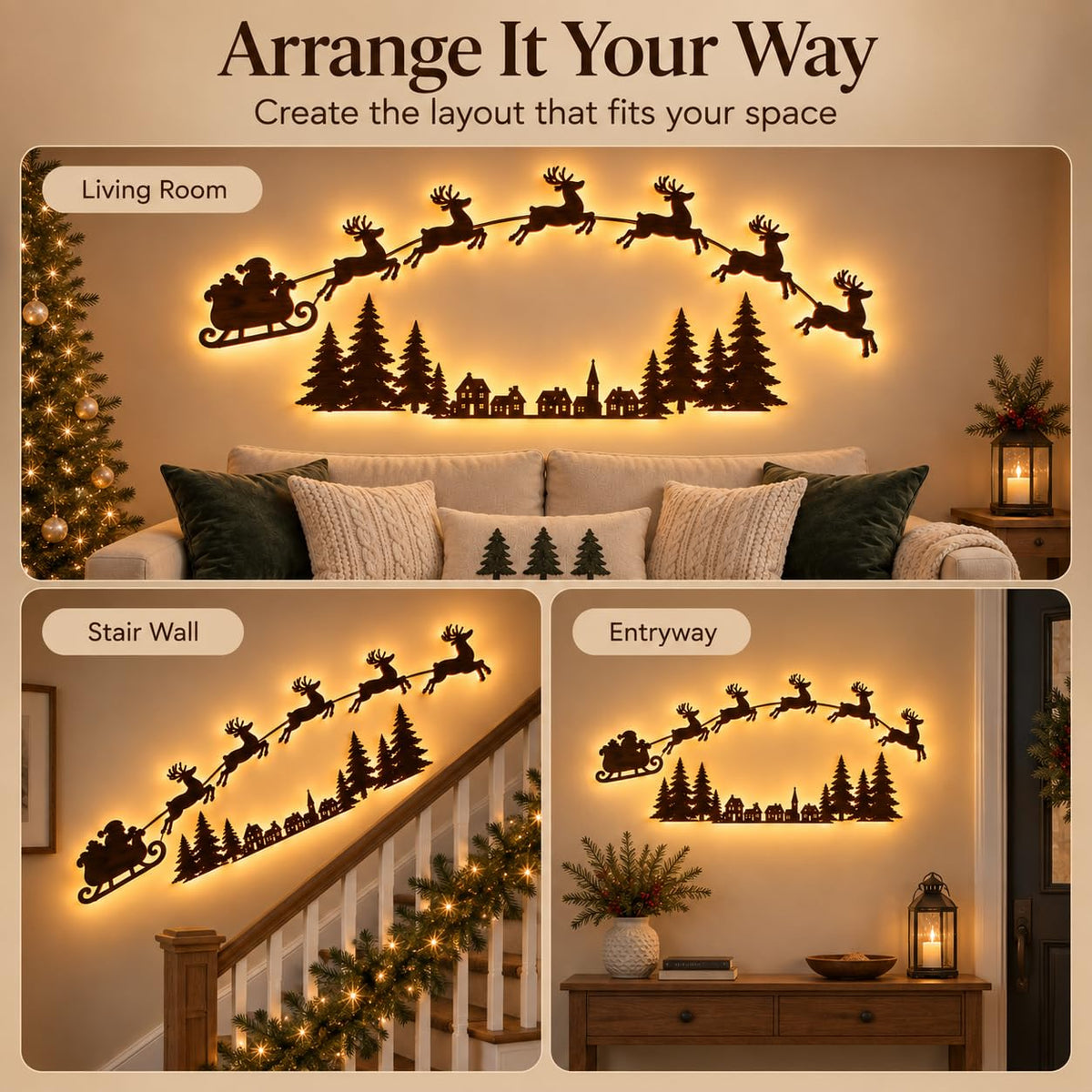 Santa’s Sleigh & Flying Reindeer Christmas Wall Lights